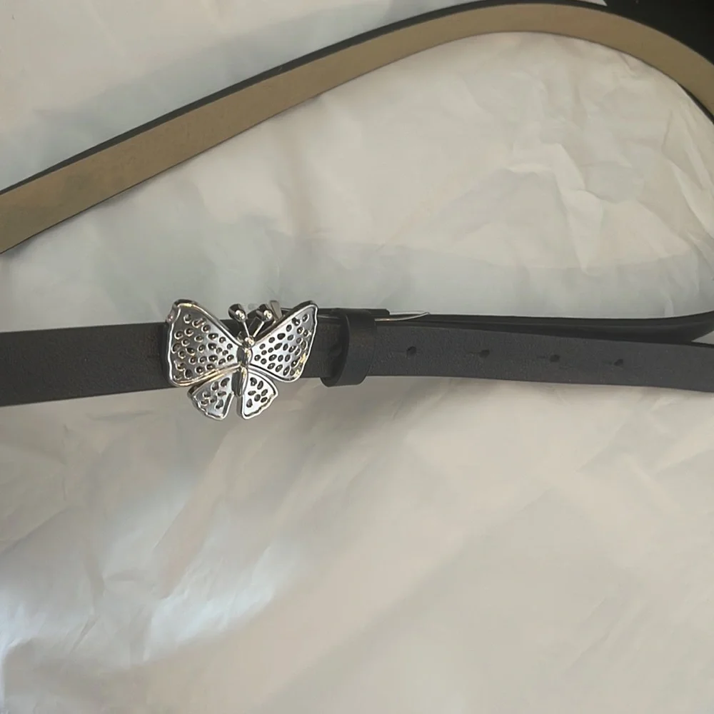 New 45” thin black belt w butterfly 🦋 silver clasp